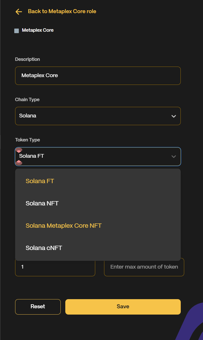 Metaplex Core token type selection